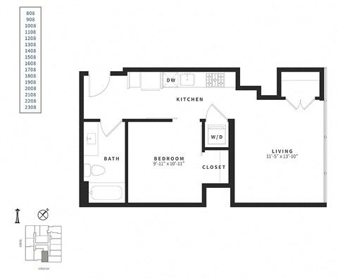 Floor plan for studio, 1 bath, 607 sqft